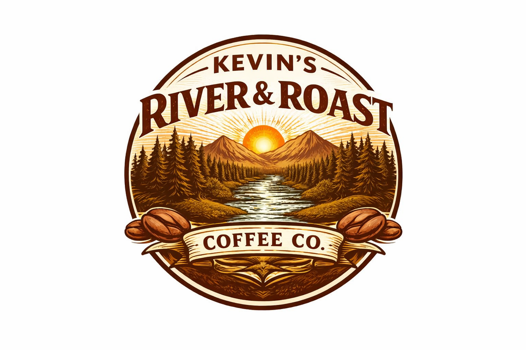 “Kevin’s River & Roast” White glossy mug