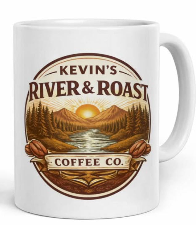 “Kevin’s River & Roast” White glossy mug